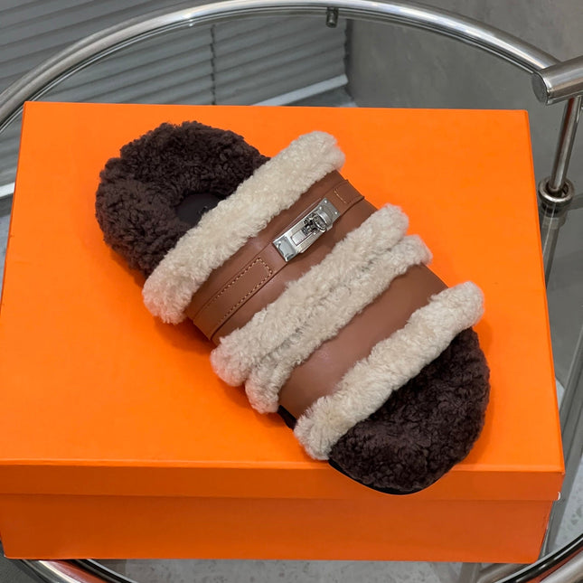 HM 25S SANDAL IN BEIGE WOOL AND BROWN LAMBSKIN WITH SILVER HARDWARE