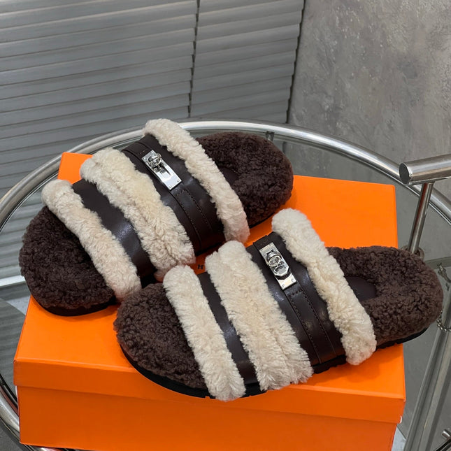 HM 25S SANDAL IN BEIGE WOOL AND DARK BROWN LAMBSKIN WITH SILVER HARDWARE
