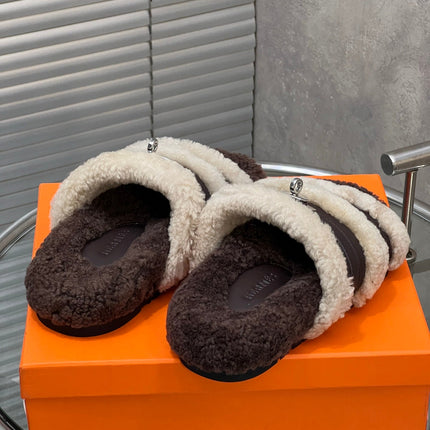 HM 25S SANDAL IN BEIGE WOOL AND DARK BROWN LAMBSKIN WITH SILVER HARDWARE