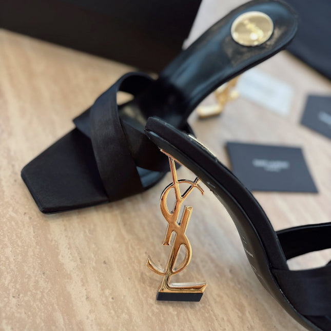 OPYUM OPEN TOE HIGH 10 CM MULES IN BLACK CALFSKIN