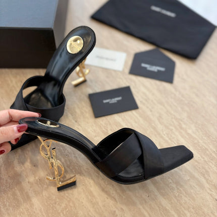 OPYUM OPEN TOE HIGH 10 CM MULES IN BLACK CALFSKIN