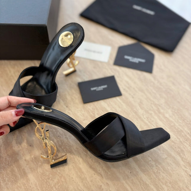 OPYUM OPEN TOE HIGH 10 CM MULES IN BLACK CALFSKIN