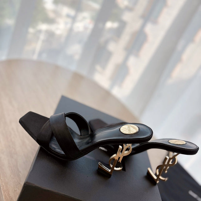 OPYUM OPEN TOE HIGH 10 CM MULES IN BLACK CALFSKIN