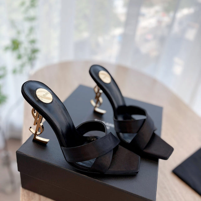 OPYUM OPEN TOE HIGH 10 CM MULES IN BLACK CALFSKIN