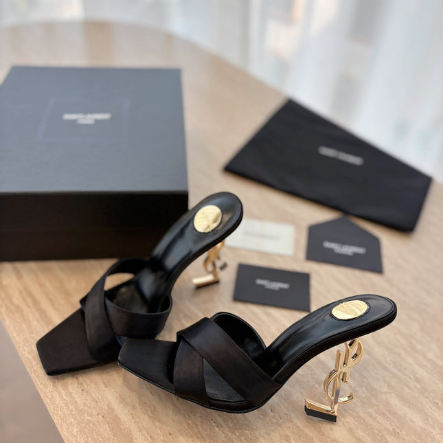 OPYUM OPEN TOE HIGH 10 CM MULES IN BLACK CALFSKIN