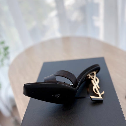 OPYUM OPEN TOE HIGH 10 CM MULES IN BLACK CALFSKIN