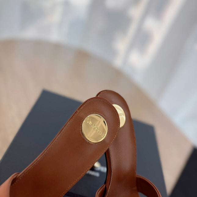 OPYUM OPEN TOE HIGH 10 CM MULES IN BRONZE BROWN CALFSKIN