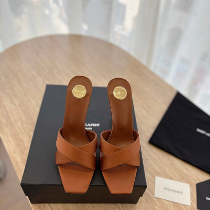 OPYUM OPEN TOE HIGH 10 CM MULES IN BRONZE BROWN CALFSKIN