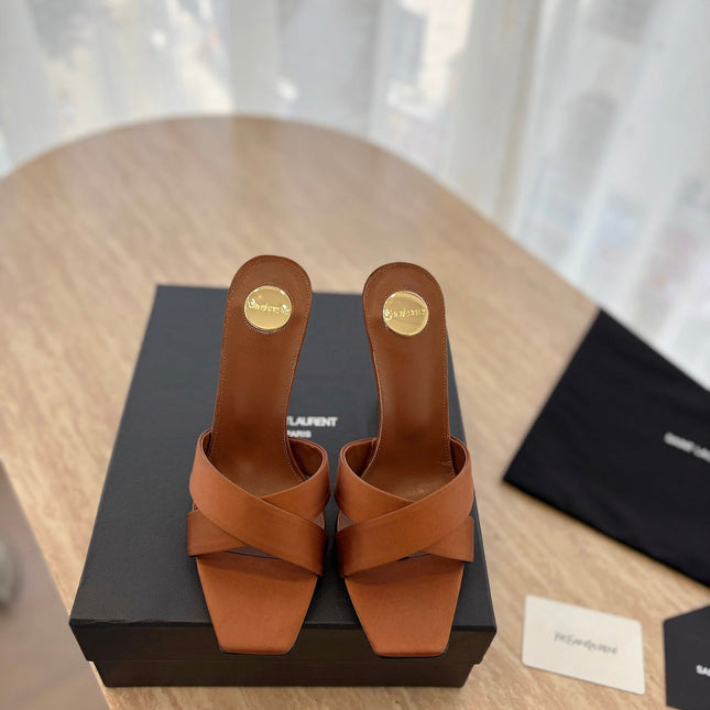 OPYUM OPEN TOE HIGH 10 CM MULES IN BRONZE BROWN CALFSKIN