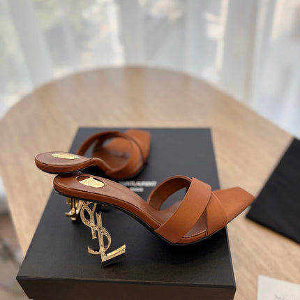 OPYUM OPEN TOE HIGH 10 CM MULES IN BRONZE BROWN CALFSKIN