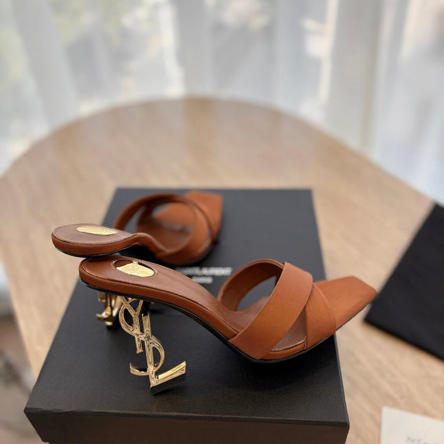 OPYUM OPEN TOE HIGH 10 CM MULES IN BRONZE BROWN CALFSKIN