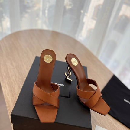 OPYUM OPEN TOE HIGH 10 CM MULES IN BRONZE BROWN CALFSKIN