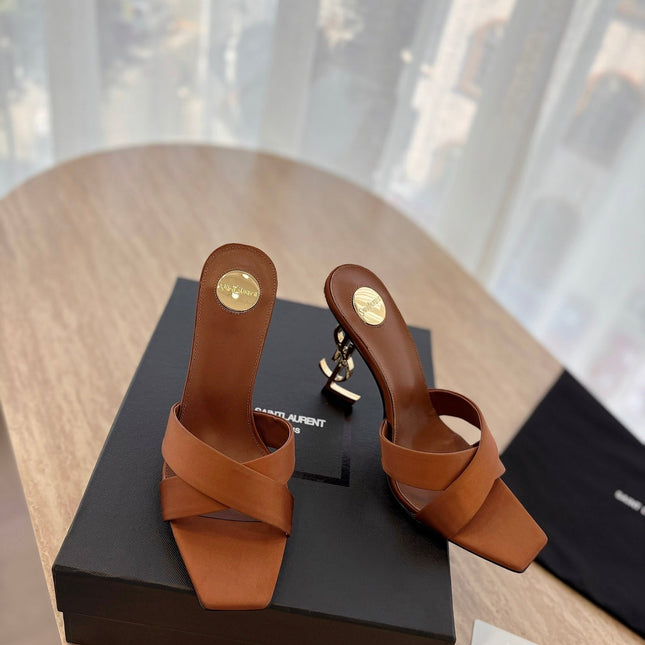 OPYUM OPEN TOE HIGH 10 CM MULES IN BRONZE BROWN CALFSKIN