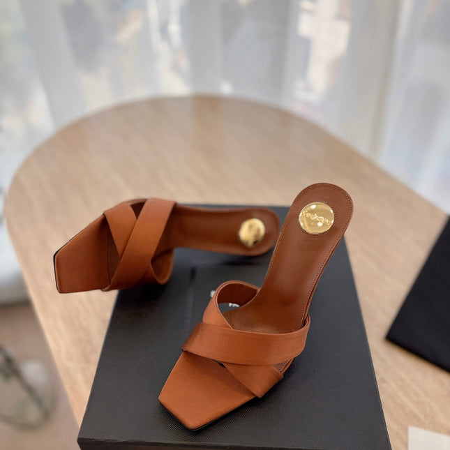 OPYUM OPEN TOE HIGH 10 CM MULES IN BRONZE BROWN CALFSKIN