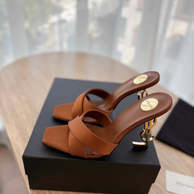 OPYUM OPEN TOE HIGH 10 CM MULES IN BRONZE BROWN CALFSKIN