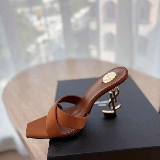 OPYUM OPEN TOE HIGH 10 CM MULES IN BRONZE BROWN CALFSKIN