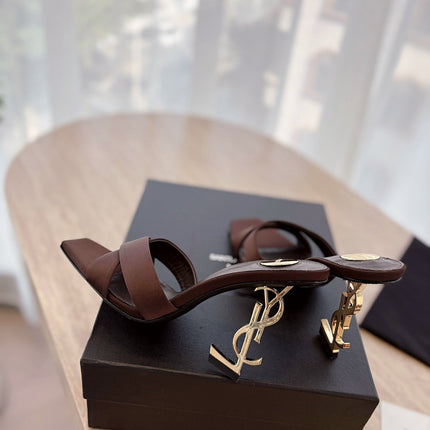 OPYUM OPEN TOE HIGH 10 CM MULES IN CHOCOLATE BROWN CALFSKIN