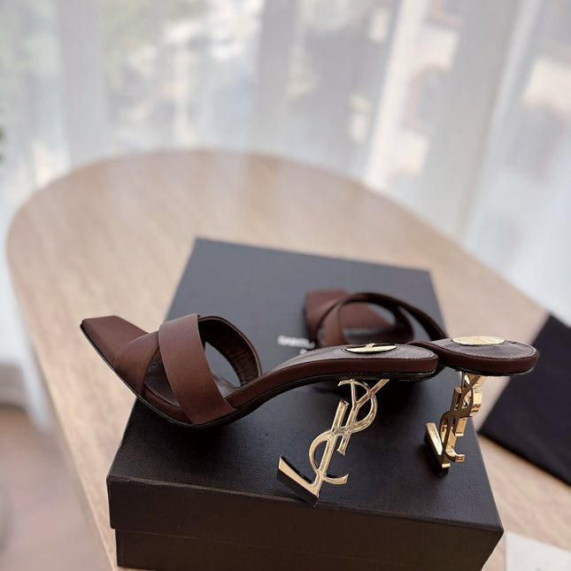 OPYUM OPEN TOE HIGH 10 CM MULES IN CHOCOLATE BROWN CALFSKIN