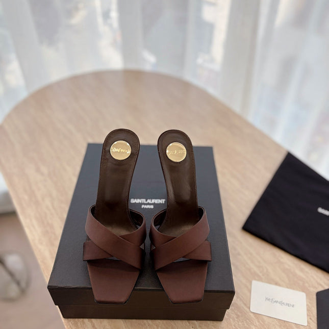 OPYUM OPEN TOE HIGH 10 CM MULES IN CHOCOLATE BROWN CALFSKIN