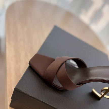 OPYUM OPEN TOE HIGH 10 CM MULES IN CHOCOLATE BROWN CALFSKIN