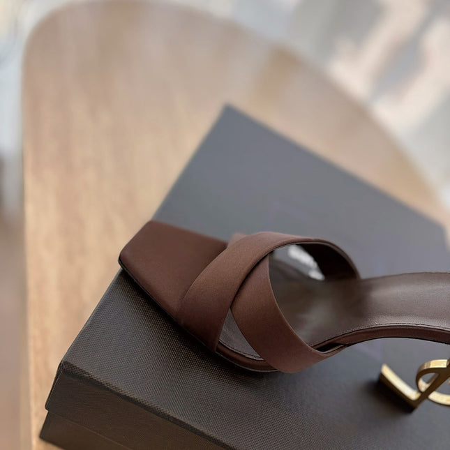 OPYUM OPEN TOE HIGH 10 CM MULES IN CHOCOLATE BROWN CALFSKIN