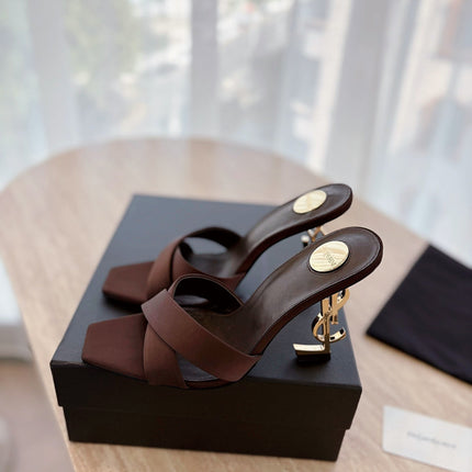 OPYUM OPEN TOE HIGH 10 CM MULES IN CHOCOLATE BROWN CALFSKIN