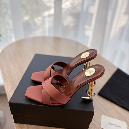 OPYUM OPEN TOE HIGH 10 CM MULES IN MARS RED CALFSKIN
