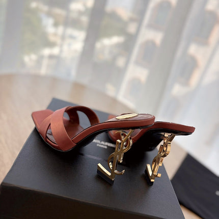 OPYUM OPEN TOE HIGH 10 CM MULES IN MARS RED CALFSKIN
