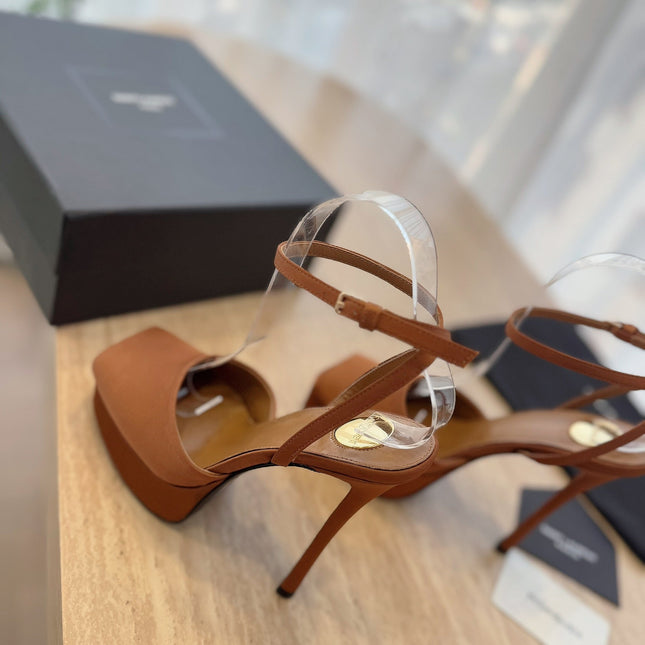 LA SCANDALE HIGH 14 CM PLATFORM SANDALS IN BRONZE BROWN SATIN CREPE