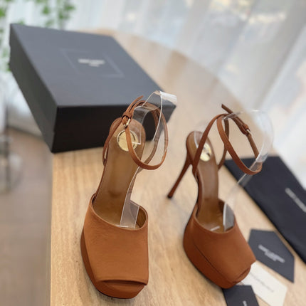 LA SCANDALE HIGH 14 CM PLATFORM SANDALS IN BRONZE BROWN SATIN CREPE