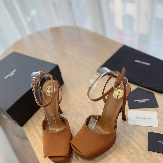 LA SCANDALE HIGH 14 CM PLATFORM SANDALS IN BRONZE BROWN SATIN CREPE