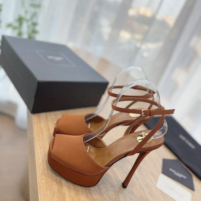 LA SCANDALE HIGH 14 CM PLATFORM SANDALS IN BRONZE BROWN SATIN CREPE