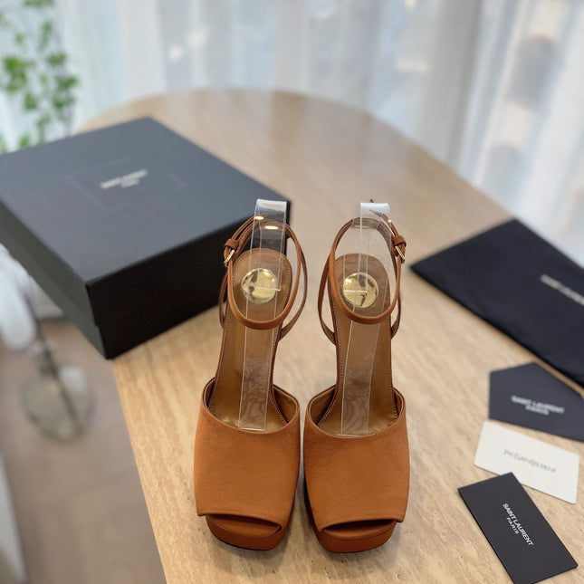 LA SCANDALE HIGH 14 CM PLATFORM SANDALS IN BRONZE BROWN SATIN CREPE