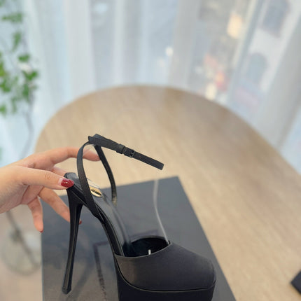LA SCANDALE HIGH 14 CM PLATFORM SANDALS IN BLACK SATIN CREPE