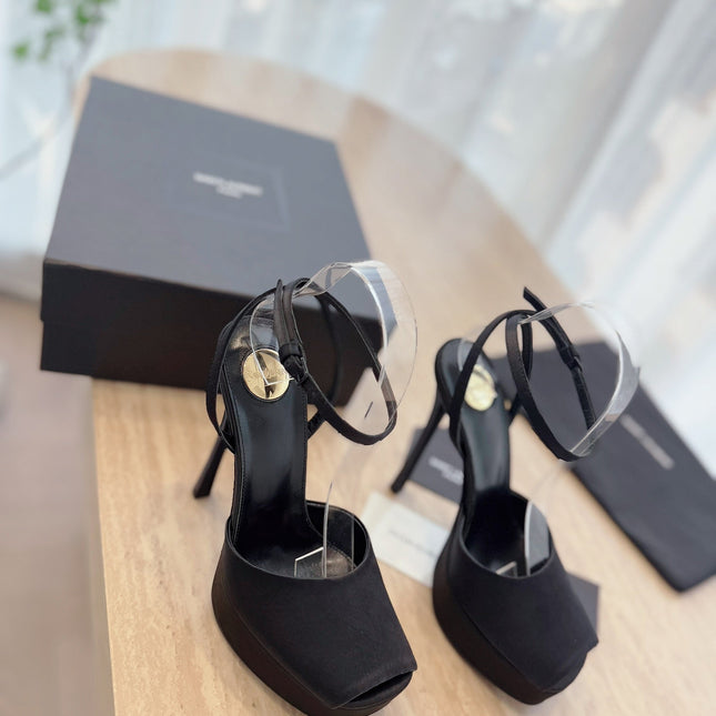 LA SCANDALE HIGH 14 CM PLATFORM SANDALS IN BLACK SATIN CREPE