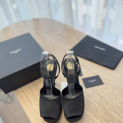 LA SCANDALE HIGH 14 CM PLATFORM SANDALS IN BLACK SATIN CREPE