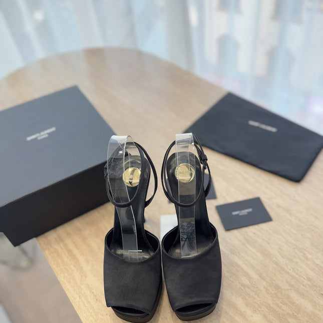 LA SCANDALE HIGH 14 CM PLATFORM SANDALS IN BLACK SATIN CREPE