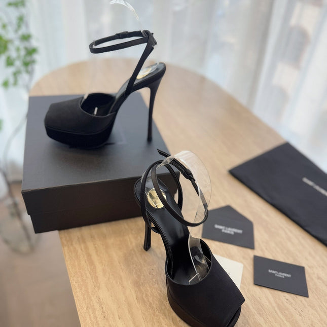 LA SCANDALE HIGH 14 CM PLATFORM SANDALS IN BLACK SATIN CREPE