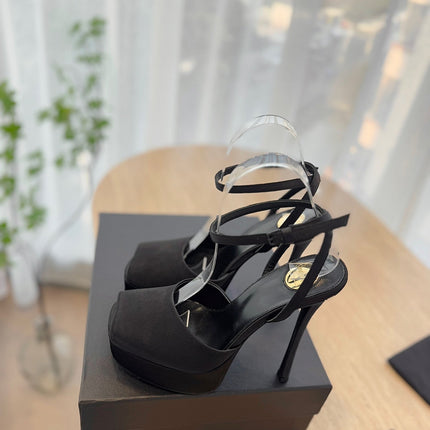 LA SCANDALE HIGH 14 CM PLATFORM SANDALS IN BLACK SATIN CREPE