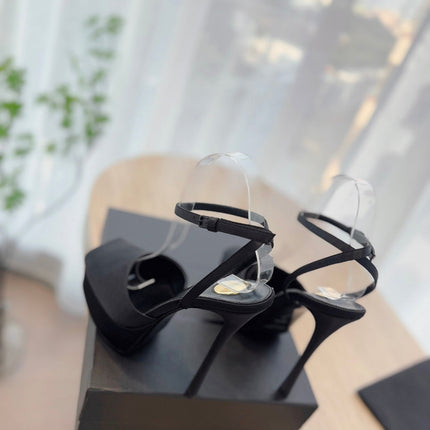 LA SCANDALE HIGH 14 CM PLATFORM SANDALS IN BLACK SATIN CREPE