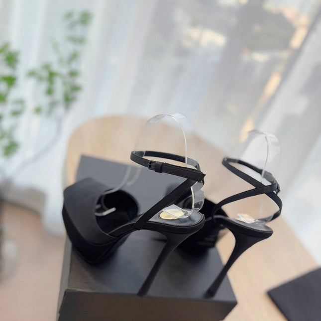 LA SCANDALE HIGH 14 CM PLATFORM SANDALS IN BLACK SATIN CREPE