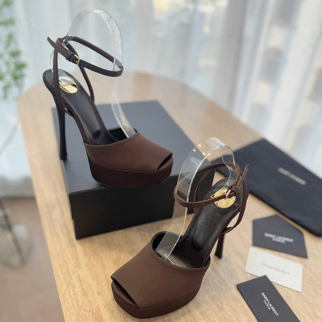 LA SCANDALE HIGH 14 CM PLATFORM SANDALS IN CHOCOLATE BROWN SATIN CREPE