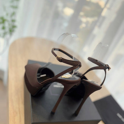 LA SCANDALE HIGH 14 CM PLATFORM SANDALS IN CHOCOLATE BROWN SATIN CREPE