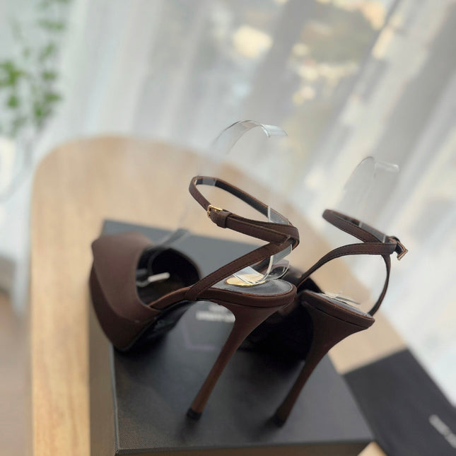 LA SCANDALE HIGH 14 CM PLATFORM SANDALS IN CHOCOLATE BROWN SATIN CREPE