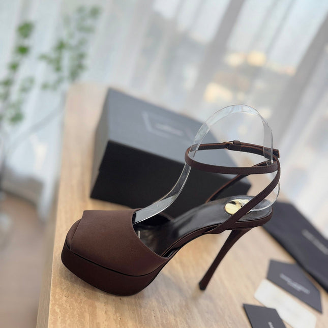 LA SCANDALE HIGH 14 CM PLATFORM SANDALS IN CHOCOLATE BROWN SATIN CREPE