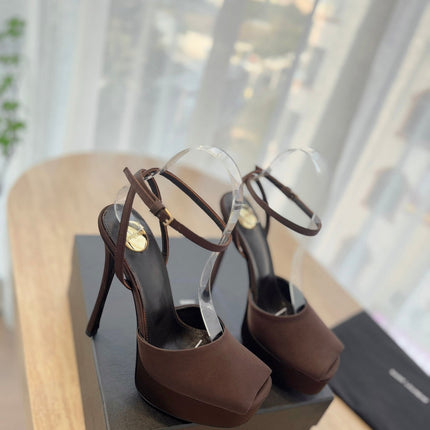 LA SCANDALE HIGH 14 CM PLATFORM SANDALS IN CHOCOLATE BROWN SATIN CREPE