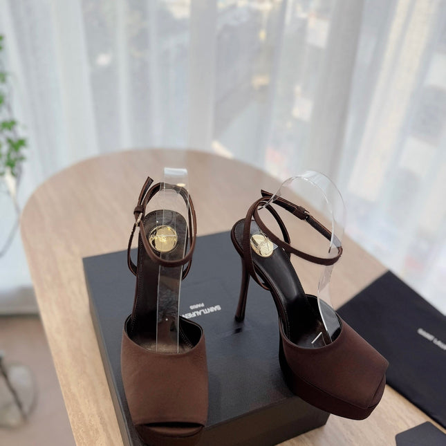 LA SCANDALE HIGH 14 CM PLATFORM SANDALS IN CHOCOLATE BROWN SATIN CREPE