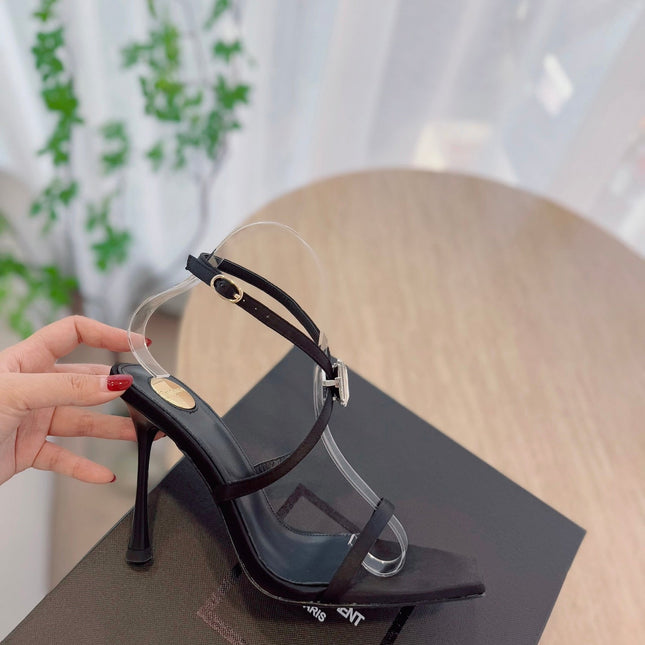 HIGH HEEL SANDAL 10 CM IN BLACK SATIN CREPE AND CRYSTAL