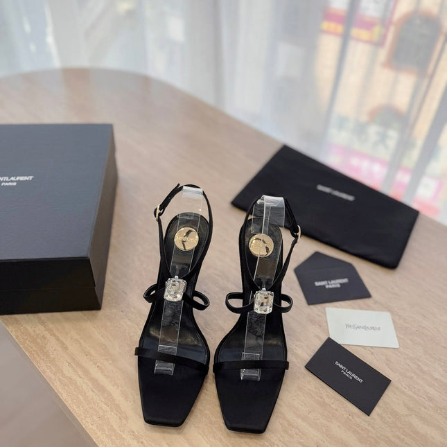 HIGH HEEL SANDAL 10 CM IN BLACK SATIN CREPE AND CRYSTAL