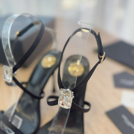 HIGH HEEL SANDAL 10 CM IN BLACK SATIN CREPE AND CRYSTAL